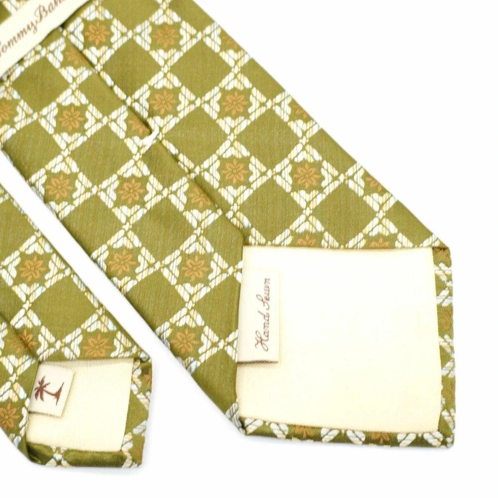 Tommy Bahama Green Brown Floral Check Hand Sewn Long‎ Wide Silk Tie